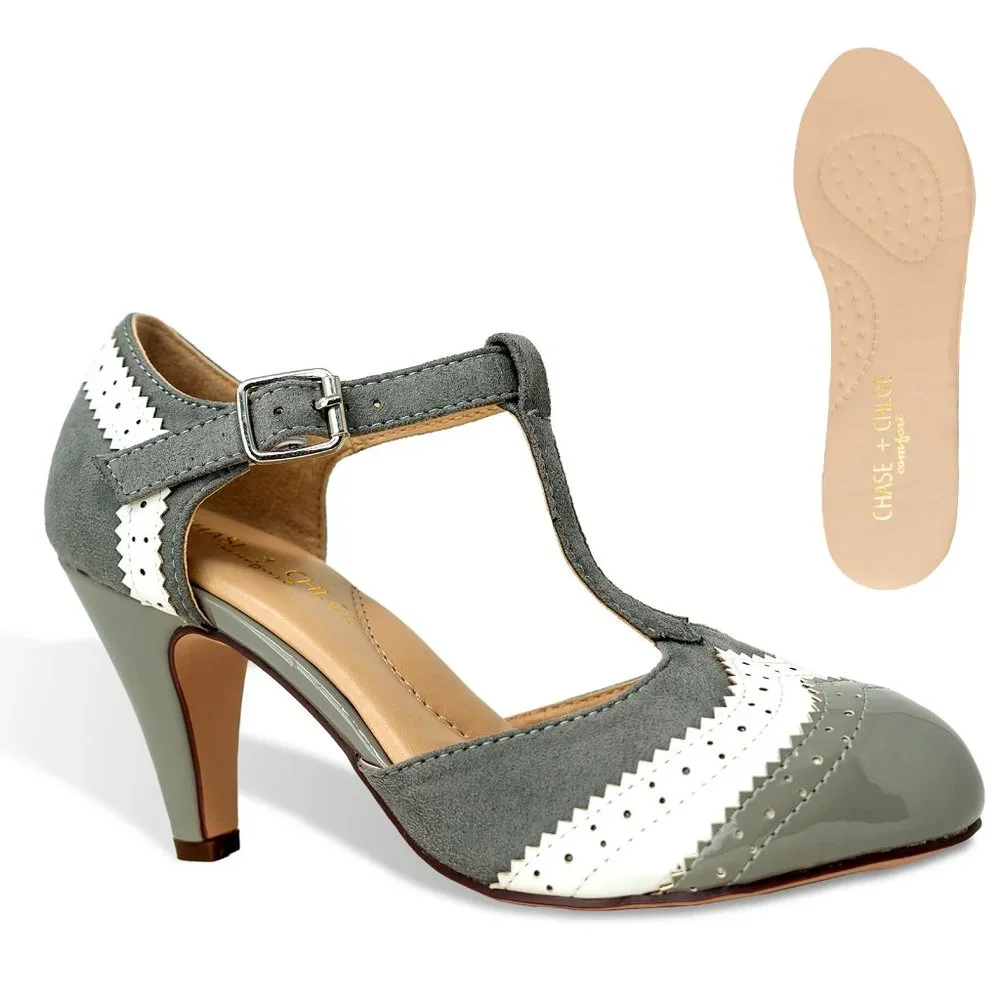 Chase & Chloe Kimmy-66 Closed Toe T-Strap Two Tone Oxford Pumps - Picture 2 of 5